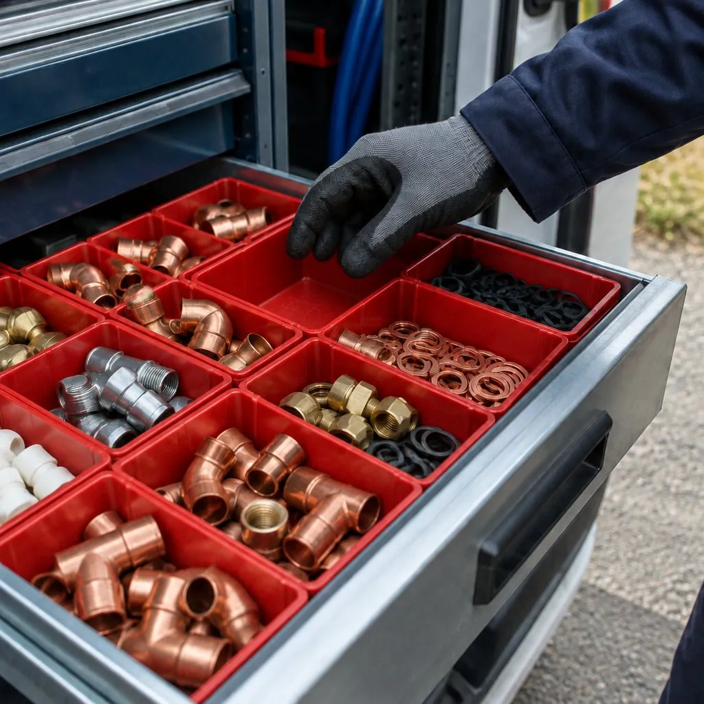 A van stock drawer of copper fittings with one empty slot