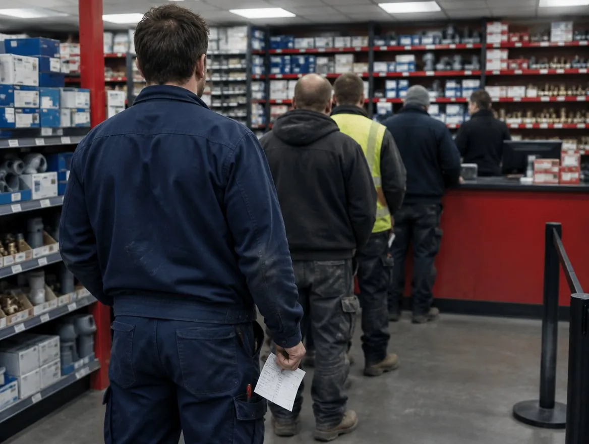 Operatives queuing at a builders' merchant counter