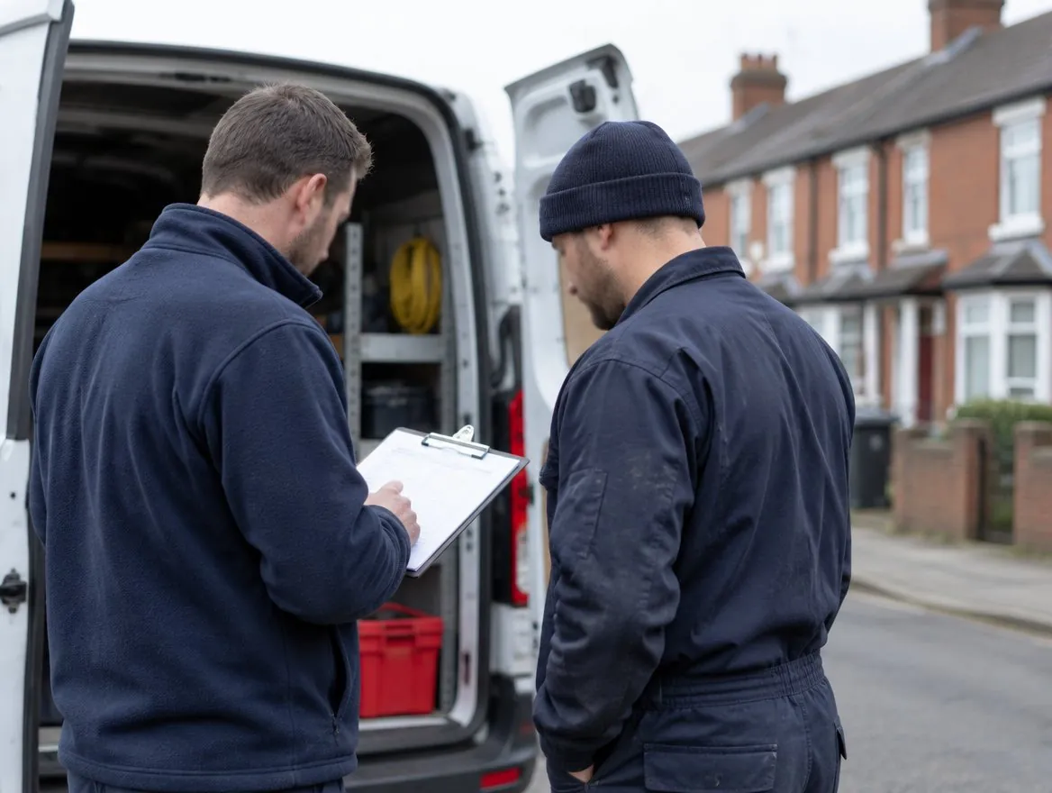 Two repairs operatives at an open van on a terraced street, one with a clipboard